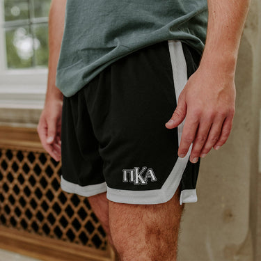 Pike Greek Fraternity Black 7" Mesh Shorts with Greek letters.