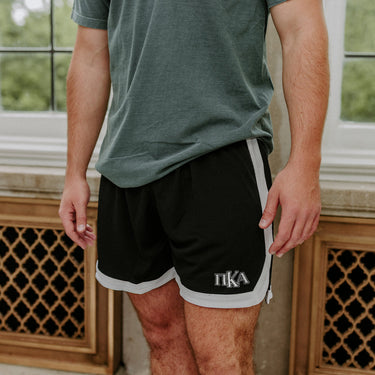 Pi Kappa AlphaFraternity Black 7" Mesh Shorts with Greek letters.