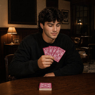 Fraternity brother holding custom Heritage Playing Cards during a poker game in a chapter house lounge.
