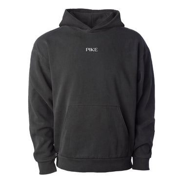 Black heavyweight hoodie with Pi Kappa Alpha Greek letters embroidered in white on the center chest.