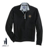 A black johnnie-O quarter-zip pullover with a gray collar and leather zipper pull, featuring an embroidered fraternity crest on the left chest. Displayed on a white background with the johnnie-O logo in the bottom corner.