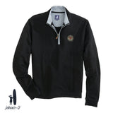 A black johnnie-O quarter-zip pullover with a gray collar and leather zipper pull, featuring an embroidered fraternity crest on the left chest. Displayed on a white background with the johnnie-O logo in the bottom corner.