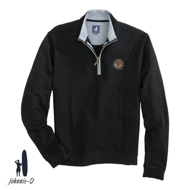 A black johnnie-O quarter-zip pullover with a gray collar and leather zipper pull, featuring an embroidered fraternity crest on the left chest. Displayed on a white background with the johnnie-O logo in the bottom corner.