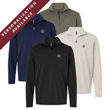 Four Pi Kappa Alpha Embroidered Luxe Quarter Zips in black, smoke, navy, and pine colors with crest embroidery on the left chest. Banner reads Personalization Available.