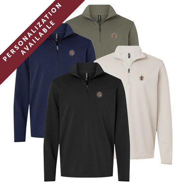 Four Pi Kappa Alpha Embroidered Luxe Quarter Zips in black, smoke, navy, and pine colors with crest embroidery on the left chest. Banner reads Personalization Available.