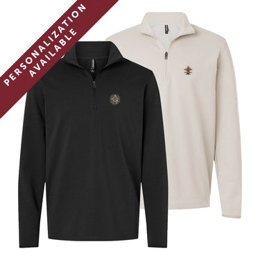 Two Pi Kappa Alpha Embroidered Luxe Quarter Zips in black and smoke colors with crest embroidery on the left chest. Banner reads Personalization Available.