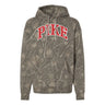 Pike Deadwood Camo Hoodie featuring an all-over woodland camouflage print, red and white arched Pi Kappa Alpha lettering, drawstring hood, and kangaroo pocket.