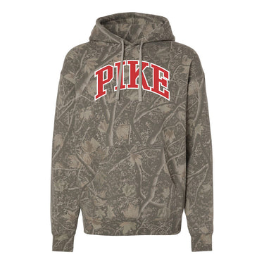 Pike Deadwood Camo Hoodie featuring an all-over woodland camouflage print, red and white arched Pi Kappa Alpha lettering, drawstring hood, and kangaroo pocket.