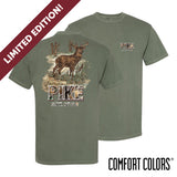 Front and back view of moss green Comfort Colors T-shirt featuring woodland deer back graphic and small chest print.