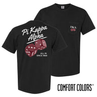 Comfort Colors High Roller Tee shown front and back, featuring a small dice graphic on the chest pocket and a large casino-inspired dice design on the back.