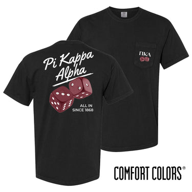 Comfort Colors High Roller Tee shown front and back, featuring a small dice graphic on the chest pocket and a large casino-inspired dice design on the back.