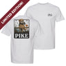 White short-sleeve graphic T-shirt featuring a small left chest print and a large outdoor-inspired illustration on the back.