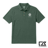 Green heathered Cutter & Buck polo featuring an embroidered crest and personalized name on the chest.