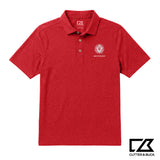 Red heathered Cutter & Buck polo featuring an embroidered crest and personalized name on the chest.