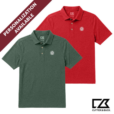 Two heathered Cutter & Buck polo shirts in green and red with embroidered crest detail and personalization available.