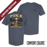 Front and back view of a blue Comfort Colors graphic t-shirt with vintage lake-inspired artwork