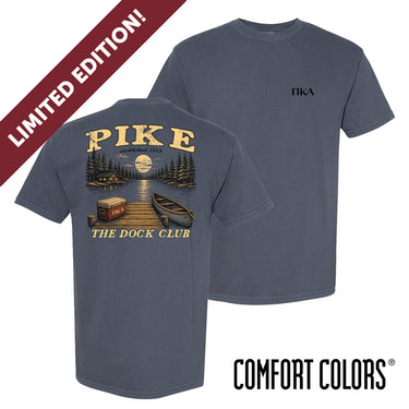 Front and back view of a blue Comfort Colors graphic t-shirt with vintage lake-inspired artwork