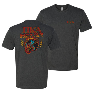 Charcoal t-shirt called the Pi Kappa Alpha World Tour tee with vintage rock-inspired design, bold PIKE letters on front, and fiery guitar graphic on back.