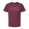 Maroon heather crew-neck tee with a subtle tonal arched ÒPikeÓ print on the chest