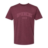 Maroon heather crew-neck tee with a subtle tonal arched ÒPikeÓ print on the chest