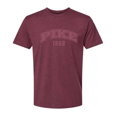 Maroon heather crew-neck tee with a subtle tonal arched ÒPikeÓ print on the chest