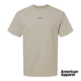 Beige short sleeve crewneck t-shirt with small embroidered text at the center chest on a clean background.