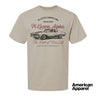Beige T-shirt displayed on a plain background with a vintage-inspired graphic of a classic muscle car, mixed typography, and a soft red and black print design.