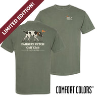 Front and back view of moss green Comfort Colors T-shirt featuring a vintage-inspired hunting dog mid-fetch, paired with a classic golf flag.