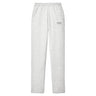 Ash gray classic fleece sweatpants with a relaxed straight-leg fit, elastic waistband, open-bottom cuffs, and subtle printed design on the upper leg.