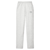 Ash gray classic fleece sweatpants with a relaxed straight-leg fit, elastic waistband, open-bottom cuffs, and subtle printed design on the upper leg.