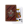 Fraternity man holding a deck of playing cards featuring their coat of arms or crest